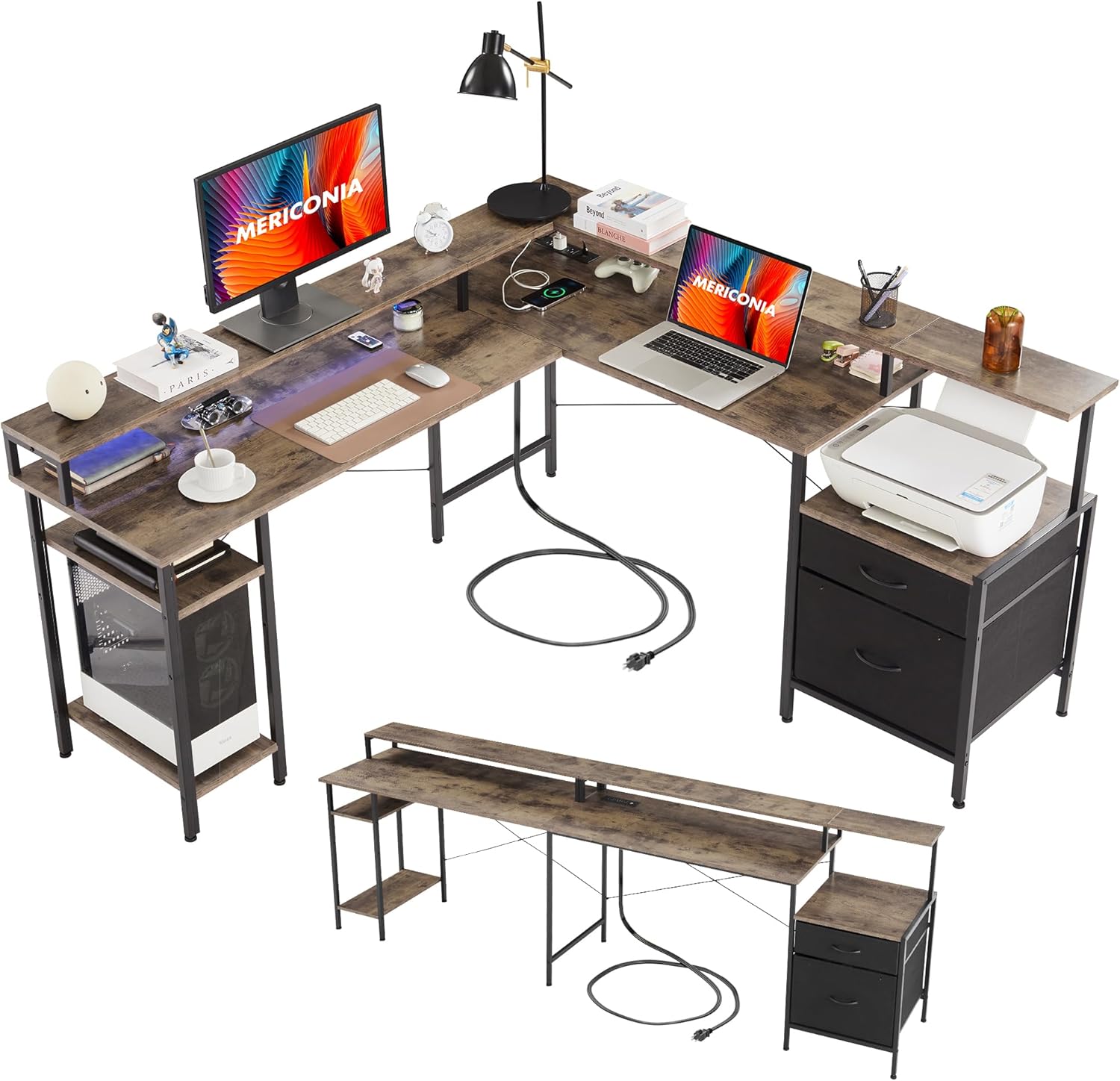 66 L Shaped Gaming Desk with LED Lights - Dual Person Workstation