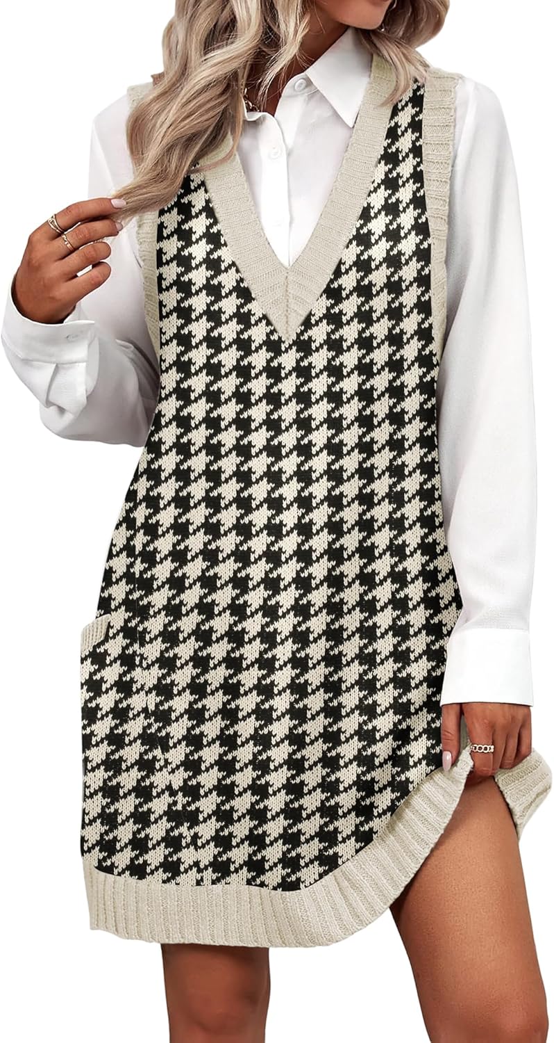 Stylish V Neck Sweater Vest Dress with Pockets for Women