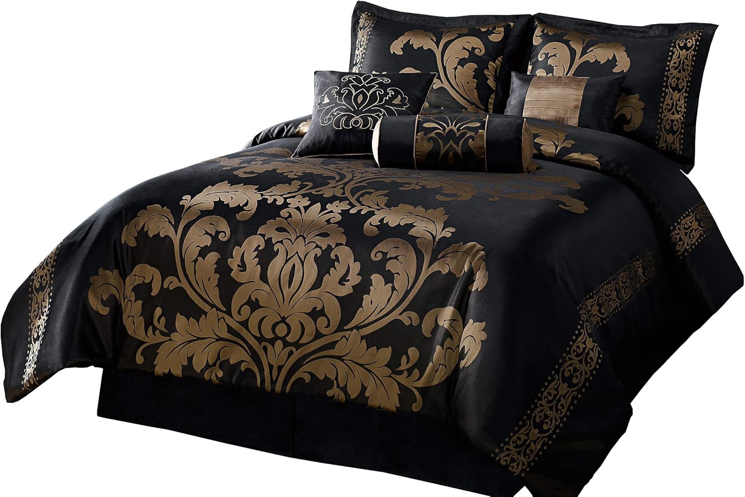 Luxurious 7-Piece Jacquard Floral Comforter Set in Black Gold