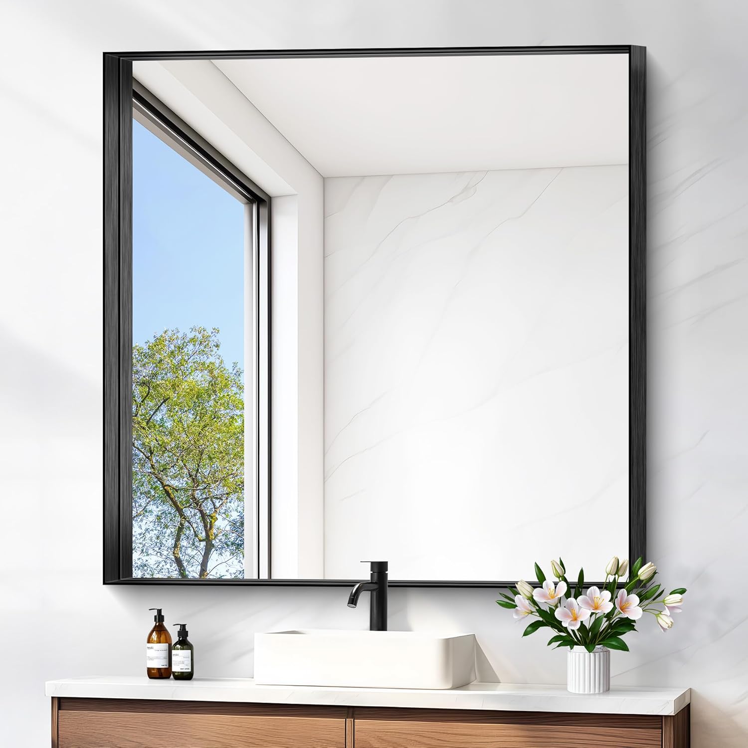 Black Bathroom Mirror 42x42 Inch Rectangular Framed Design