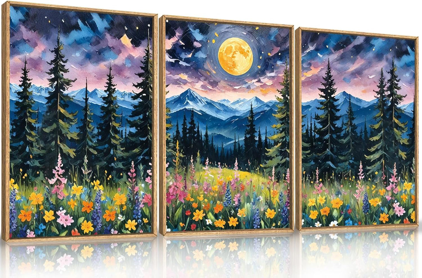 Colorful Mystical Mountain Moon Framed Canvas Wall Art Set