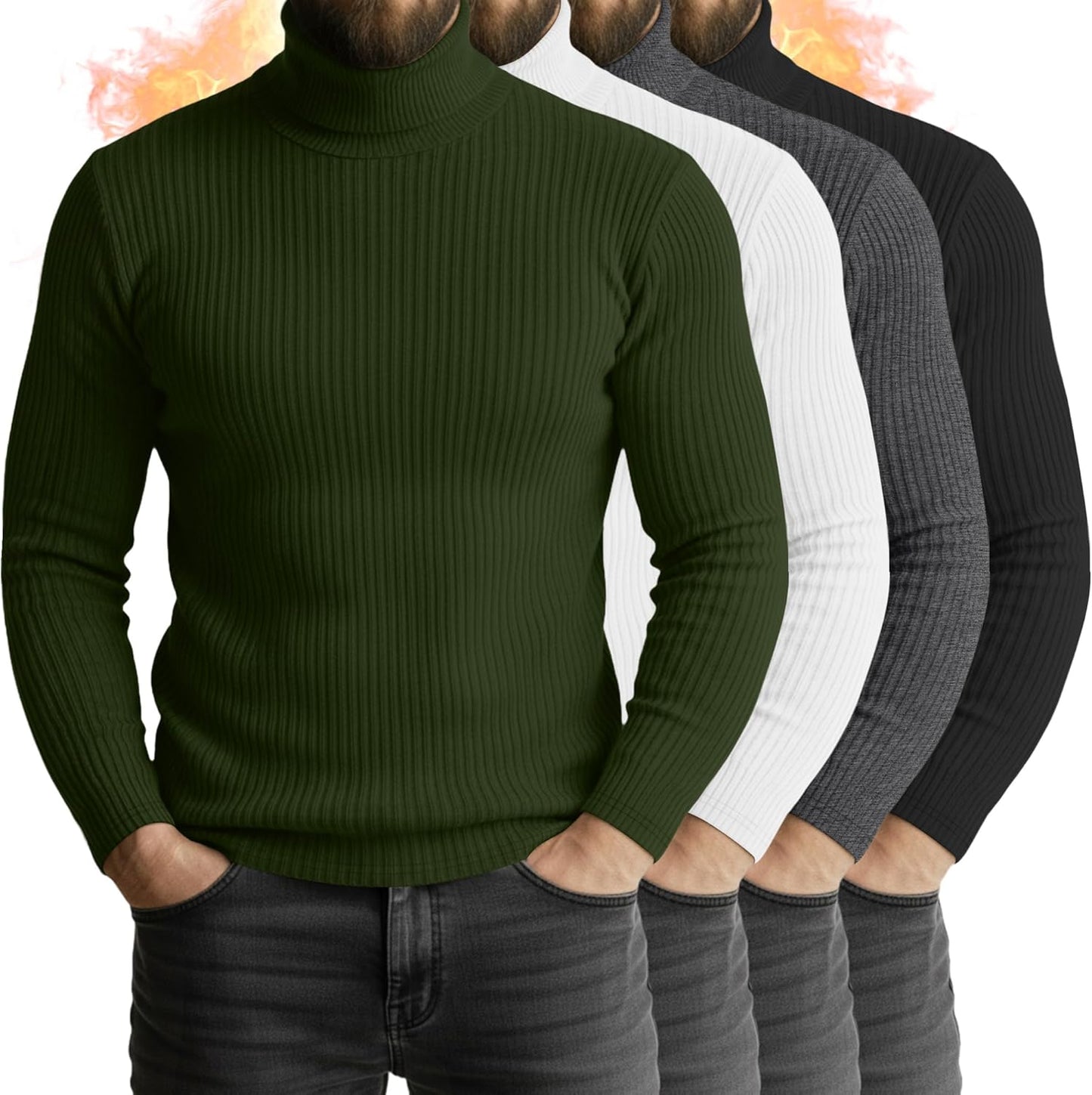 Men's Turtleneck Long Sleeve Shirts 4 Pack Cotton Ribbed Tops