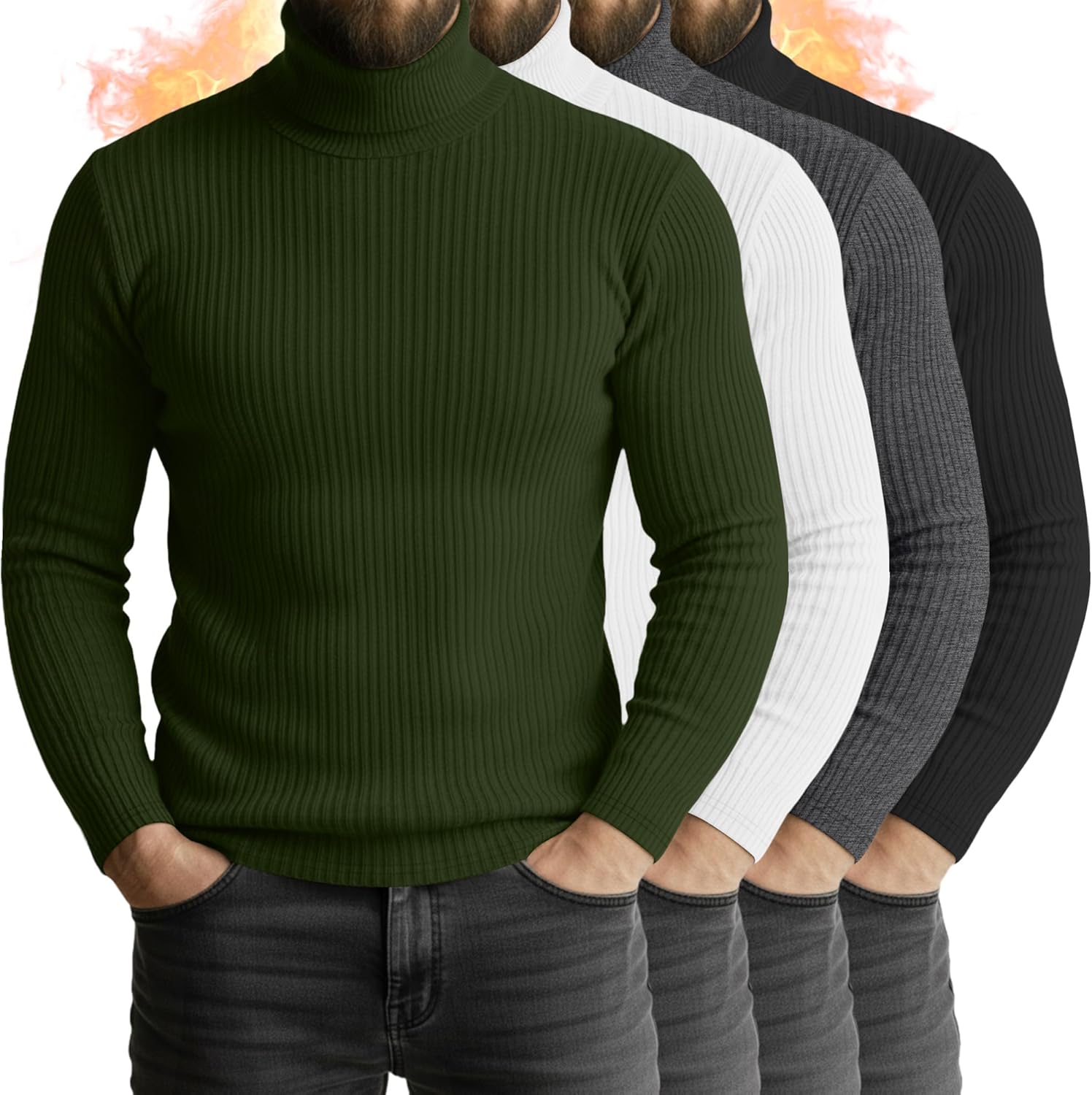 Men's Turtleneck Long Sleeve Shirts 4 Pack Cotton Ribbed Tops