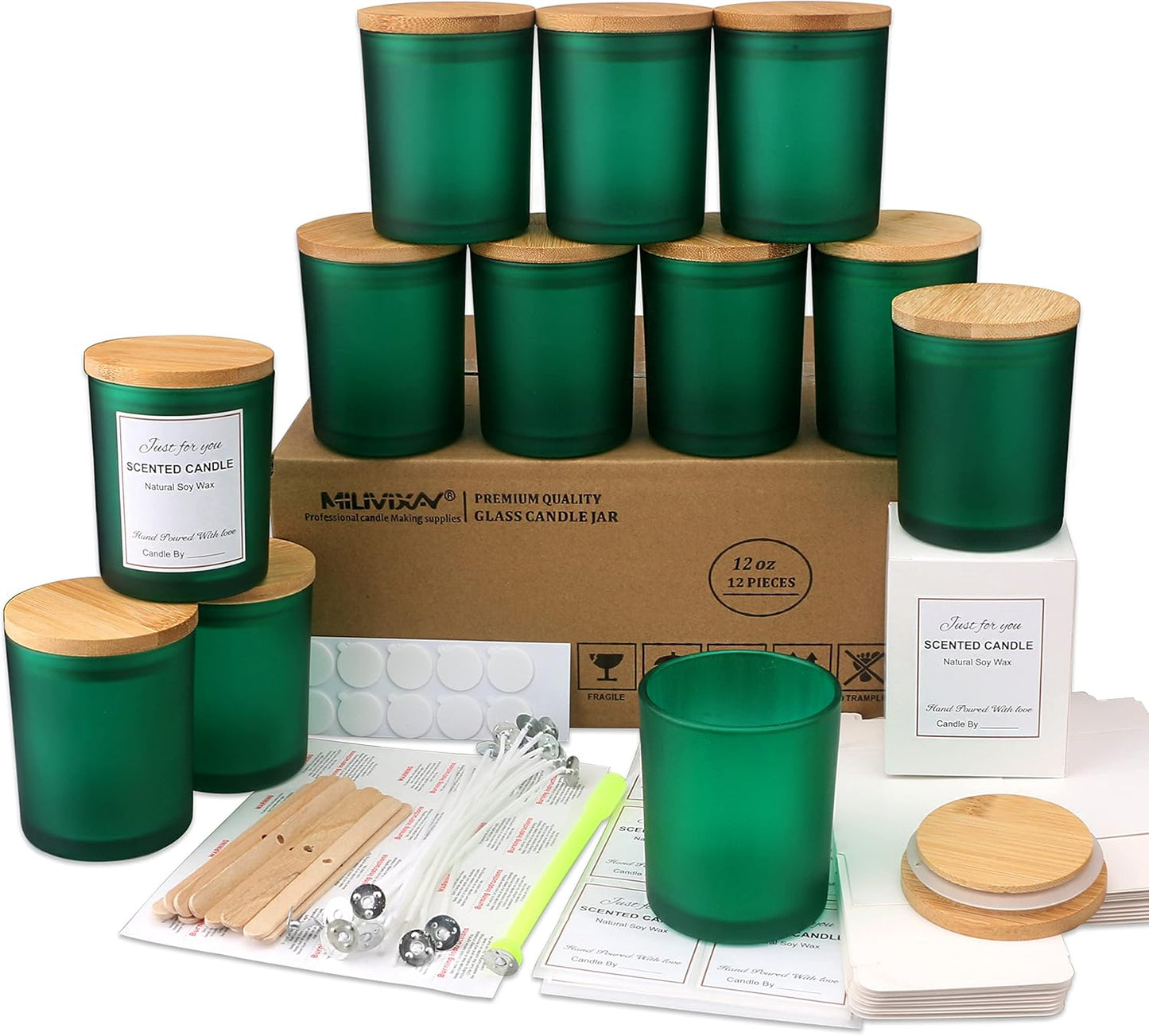12 Pack 12 OZ Matt Green Glass Candle Jars for DIY Projects