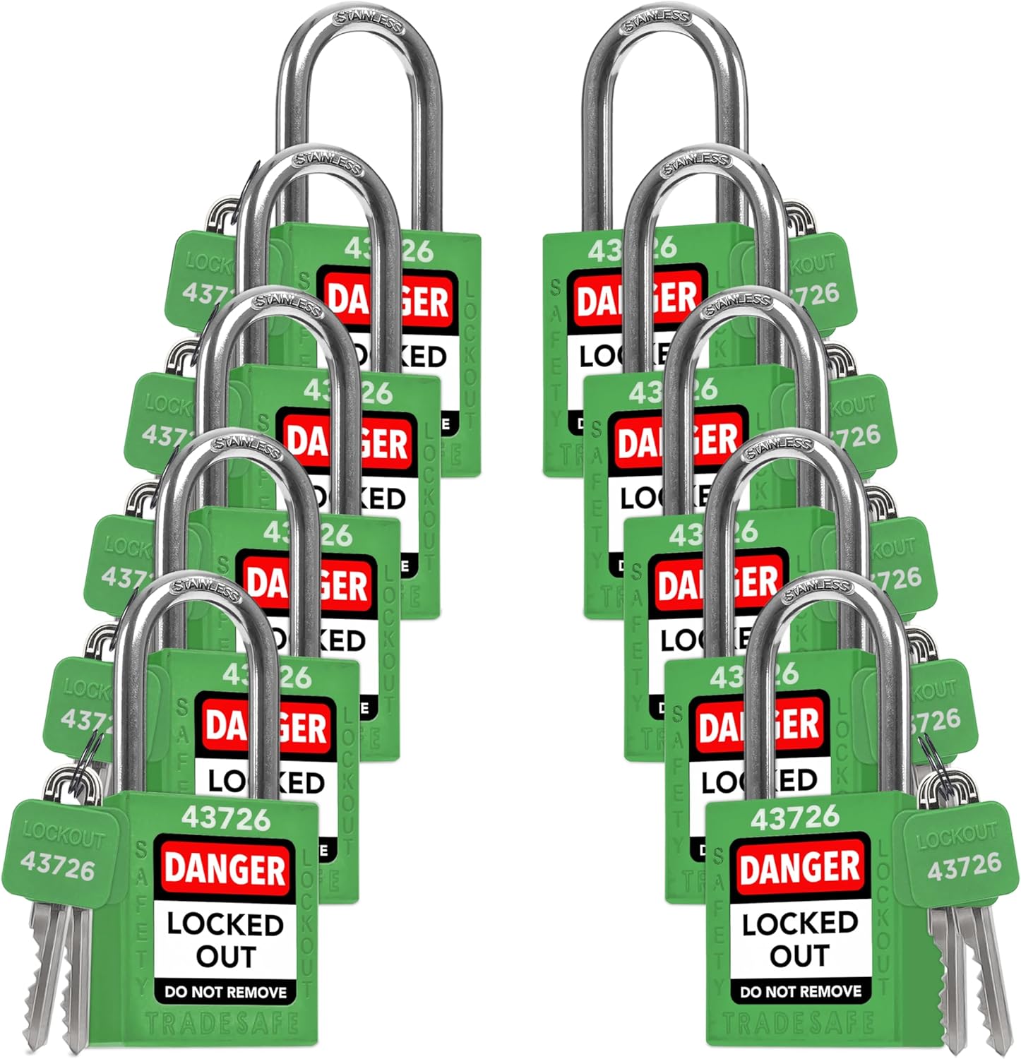 TRADESAFE Lockout Tagout Locks Set - 10 Green Keyed Alike Locks
