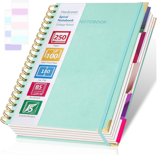 Premium 5-Subject Spiral Notebook for Note Taking, B5 Teal Journal