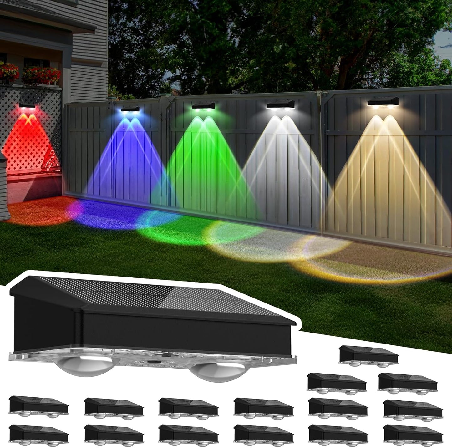 Solar Fence Lights Outdoor 16 Pack with 8 Colors & 9 Modes