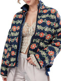 YKR Women's Cropped Puffer Jacket Floral Print Quilted Jacket - Trendy