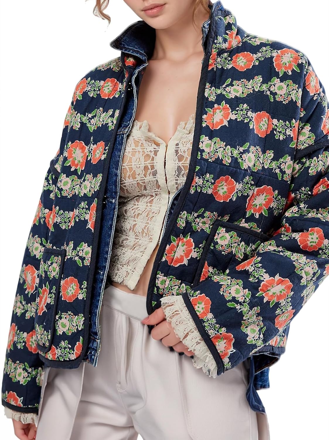 YKR Women's Cropped Puffer Jacket with Floral Print Design