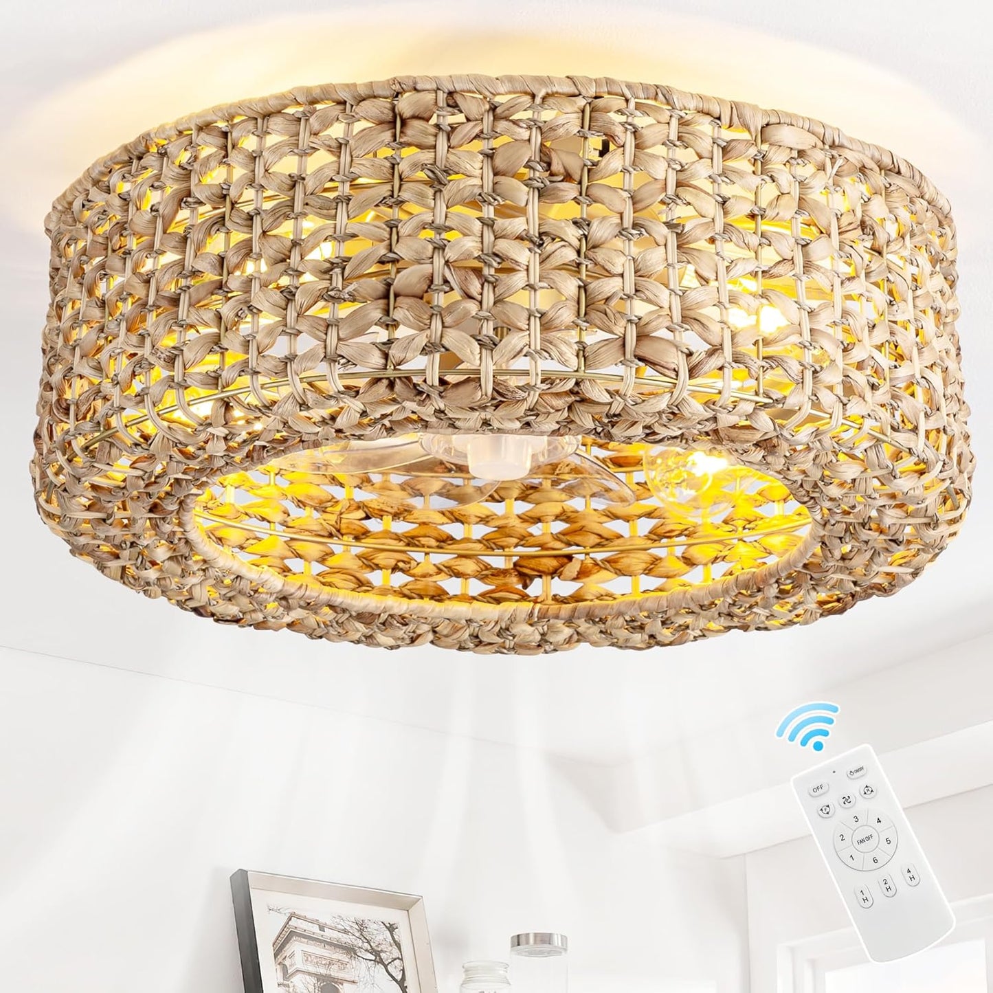 Handwoven Rattan Ceiling Fan with Lights and Remote Control