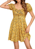 Missufe Puff Short Sleeve Fit and Flare Floral Mini Dress - Casual