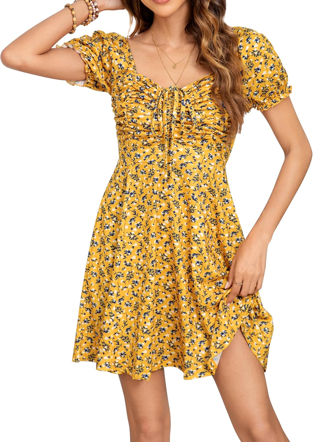 Missufe Women's Puff Short Sleeve Floral Mini Sun Dress 2025