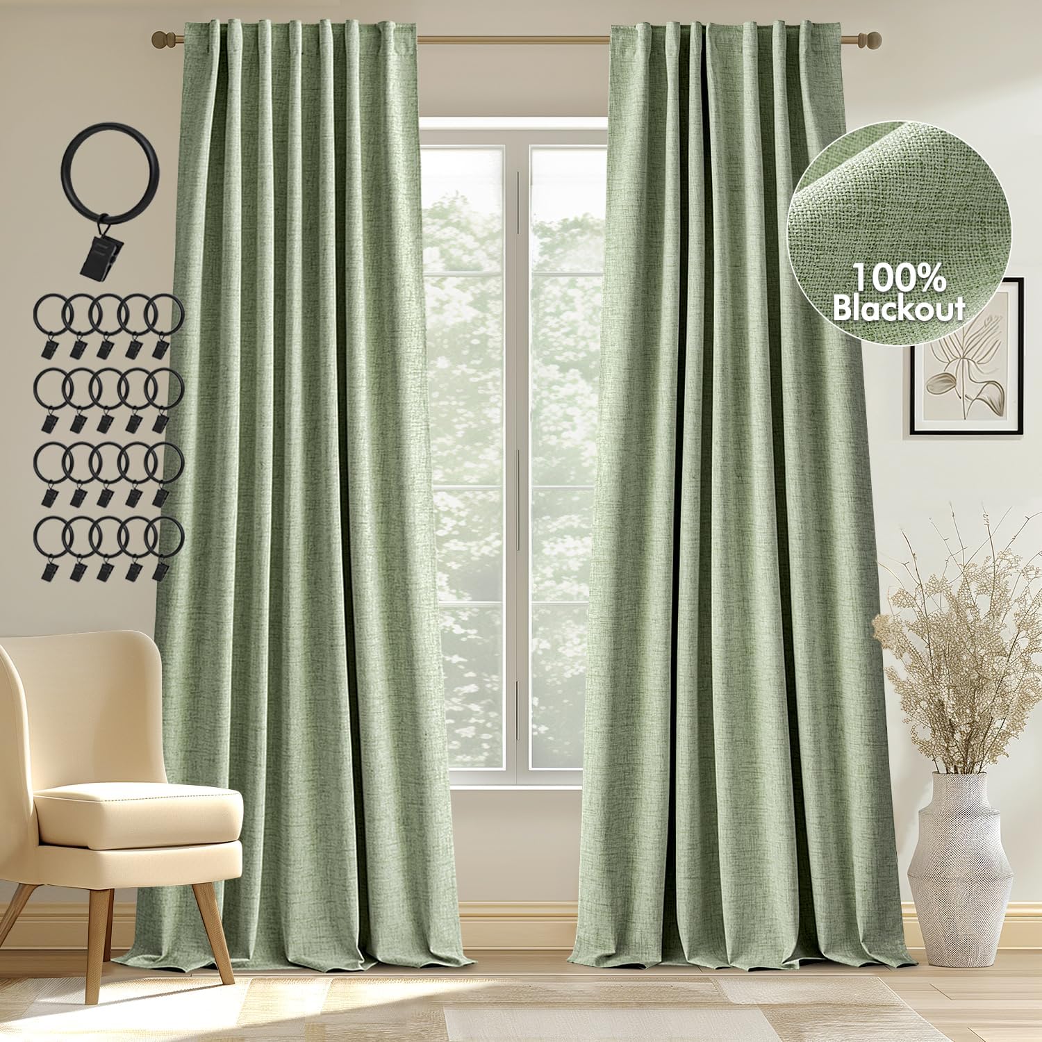MIULEE 100% Blackout Curtains for Bedroom, Sage Green, 84 in