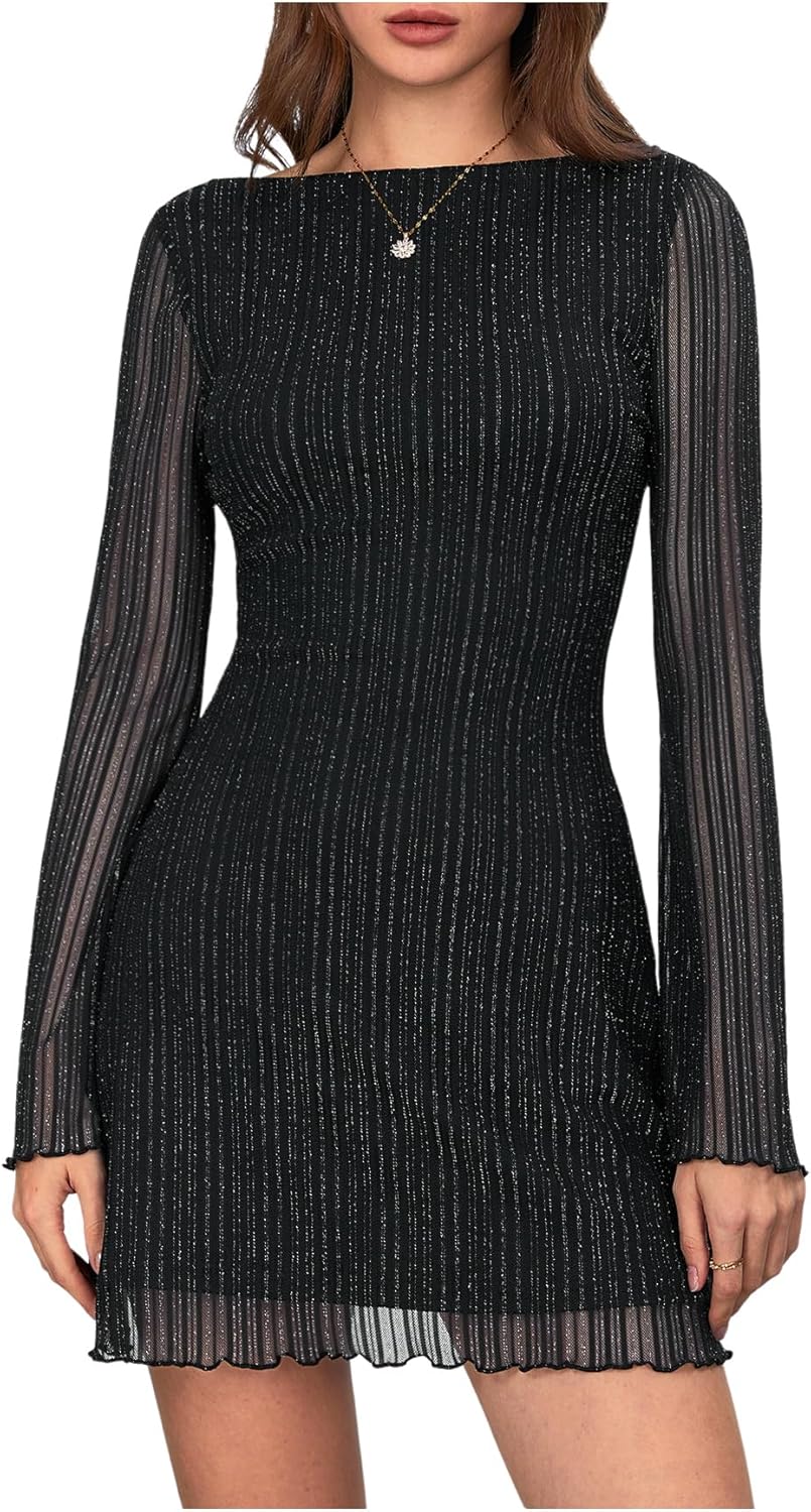 Leopard Print Dress for Women - Backless Mesh Bell Sleeve Mini