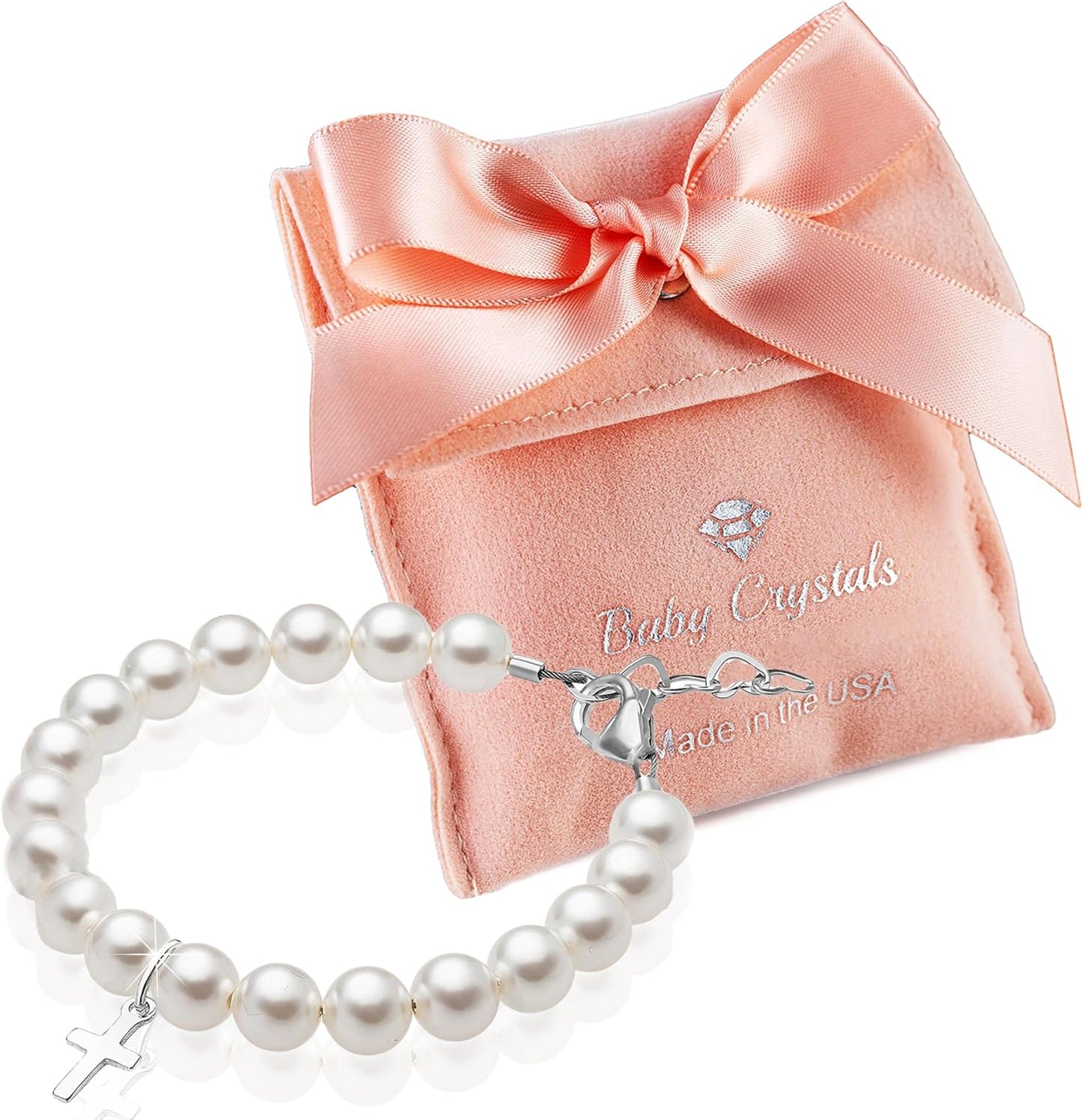 Sterling Silver Cross Charm White Pearl Bracelet for Baby Girls