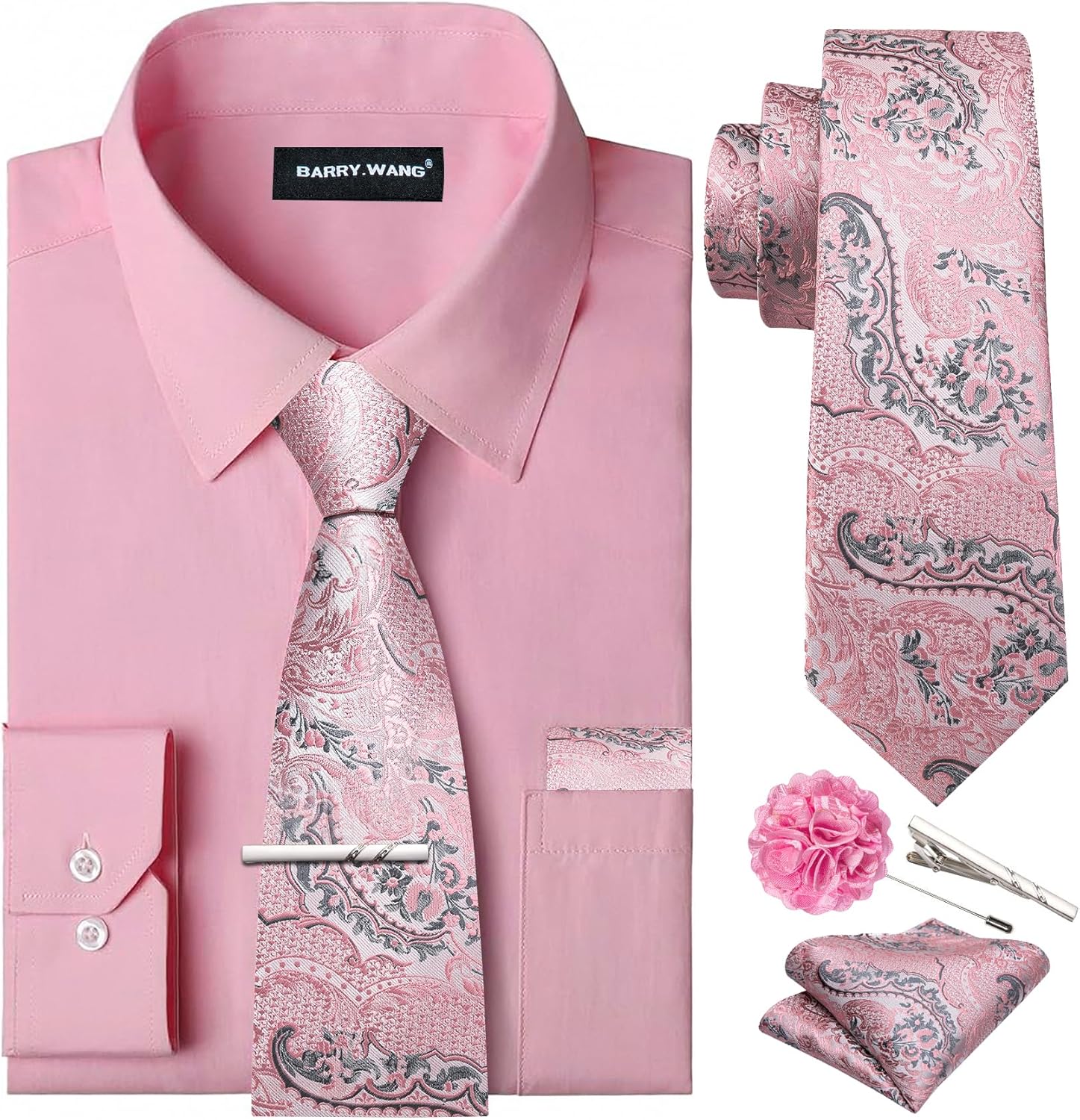 Barry.Wang Solid Colors Mens Dress Shirt and Tie Set for All Occasions