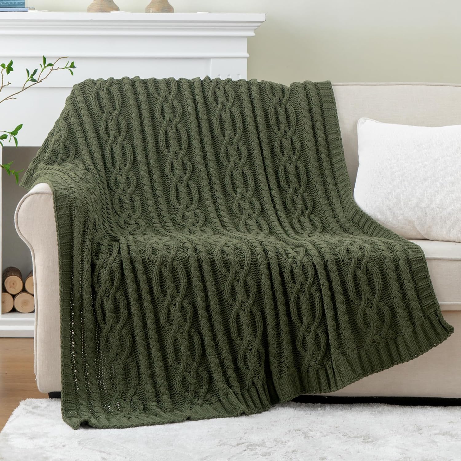 Battilo Olive Green Chunky Cable Knit Throw Blanket for Cozy Living