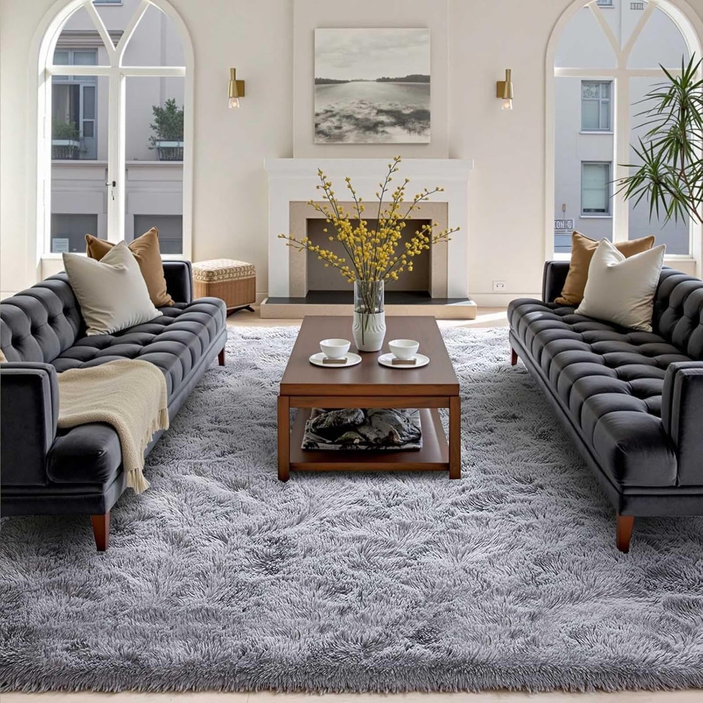 Soft Light Grey Fluffy Area Rug for Living Room and Bedroom