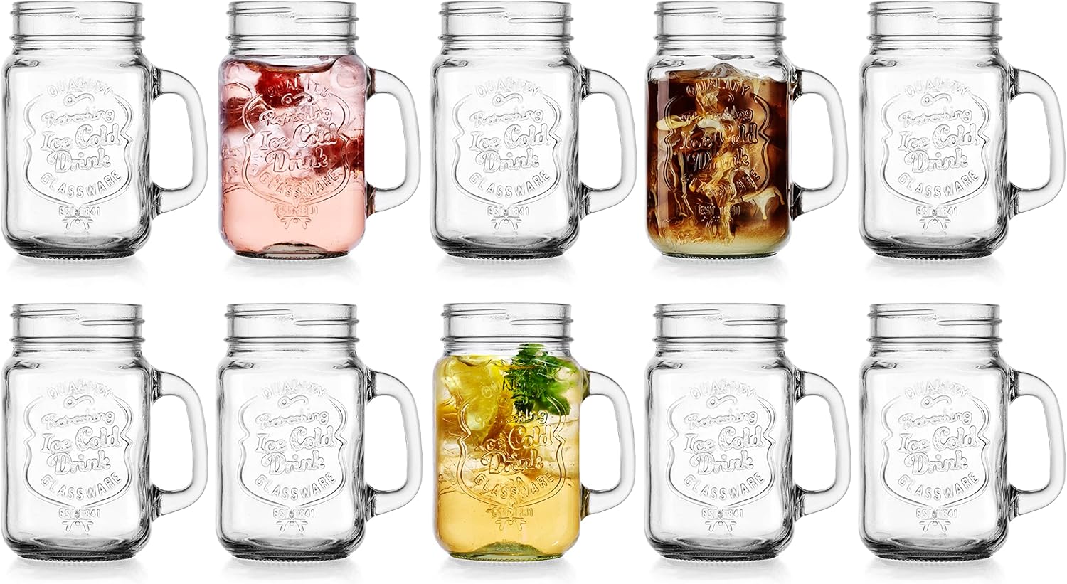 Set of 10 Ice Cold 16 Oz Mason Drinking Glasses with Handles