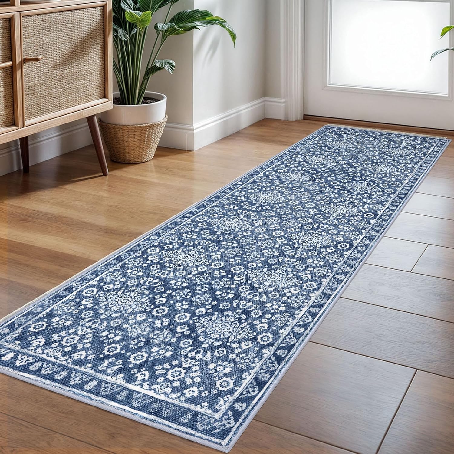 Vintage Washable Runner Rug 2x6, Dusty Blue Floral Design