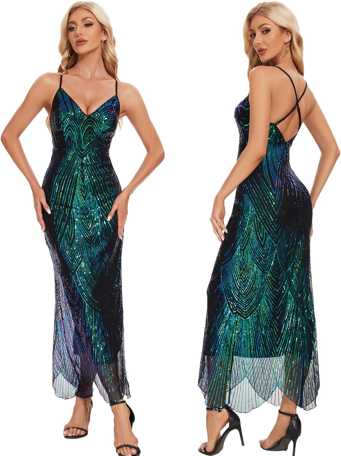 Stunning Women's V Neck Spaghetti Straps Sequin Maxi Dress