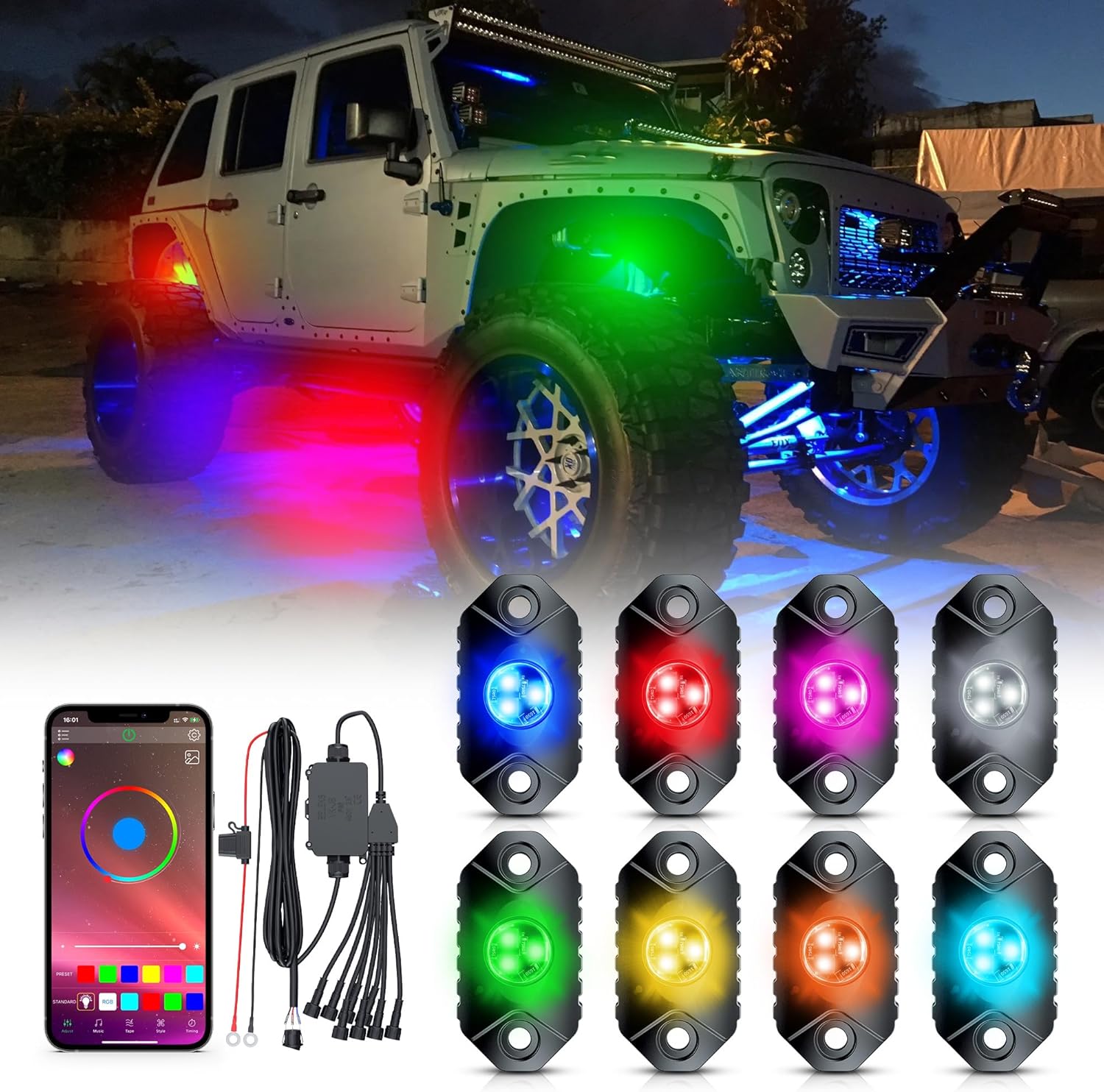 4WDKING RGB LED Rock Lights - Multicolor Off Road Lighting Kit