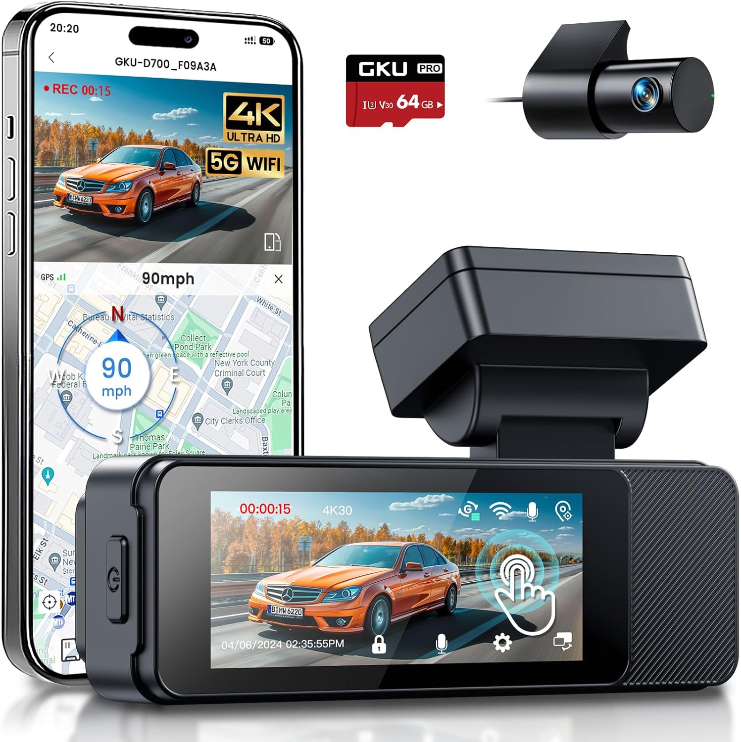 4K+1080P Front and Rear Dashcam, WiFi GPS, Night Vision, Parking Monitor