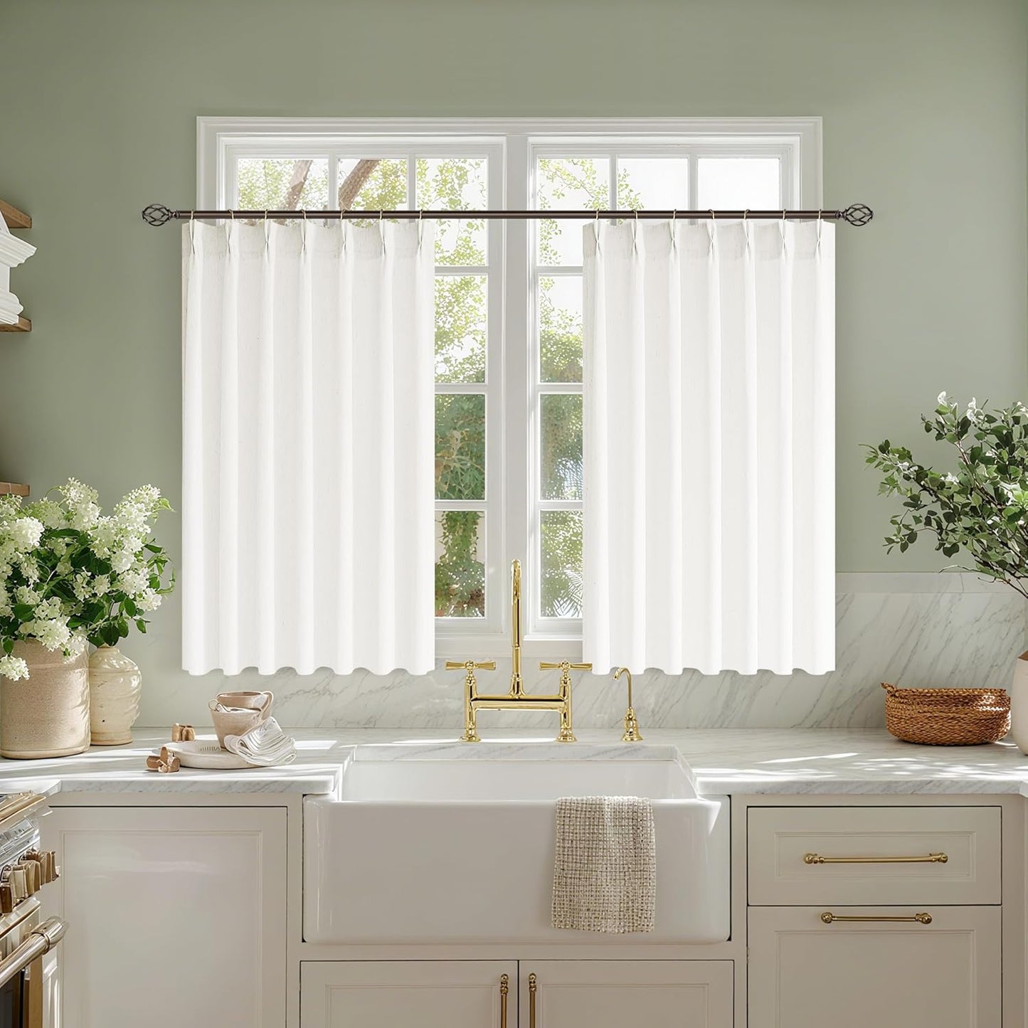 Cream Linen Cafe Curtains for Small Windows in Farmhouse Style