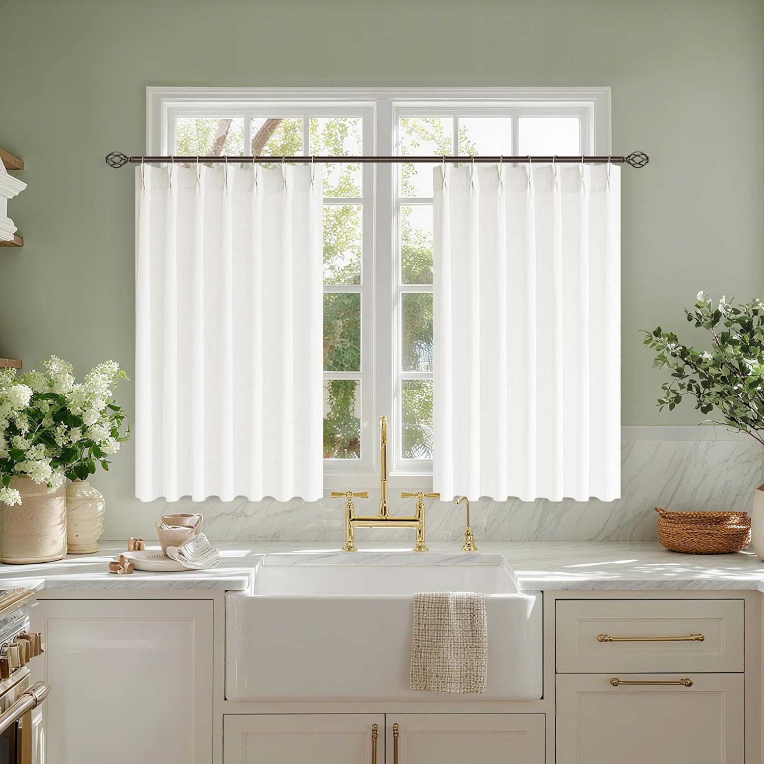 Cream Linen Cafe Curtains for Small Windows in Farmhouse Style