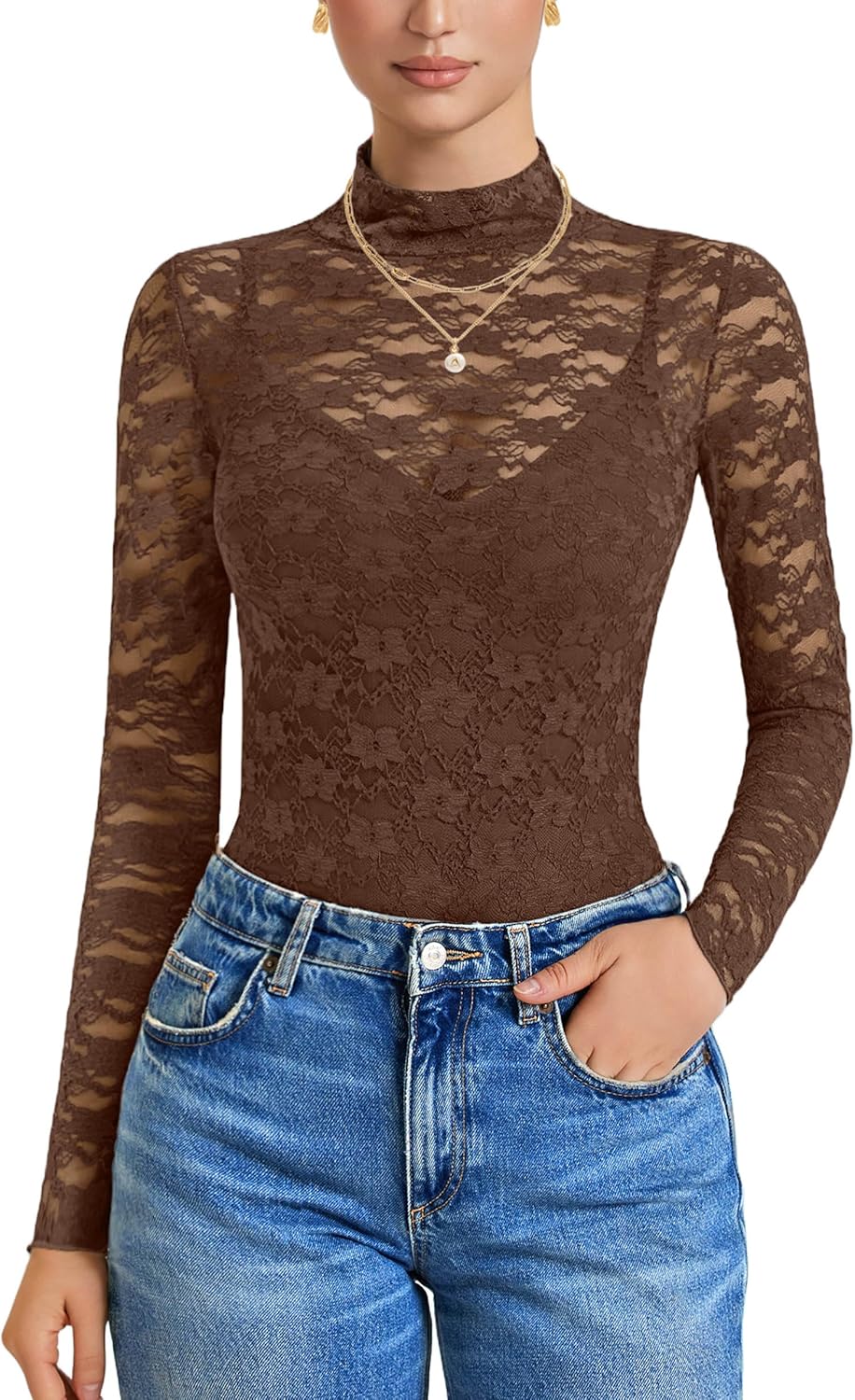 Avidlove Womens Long Sleeve Bodysuit with Lace Mock Neck Design