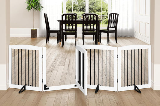 Freestanding Dog Gate with Door for Stairs and Indoor Use