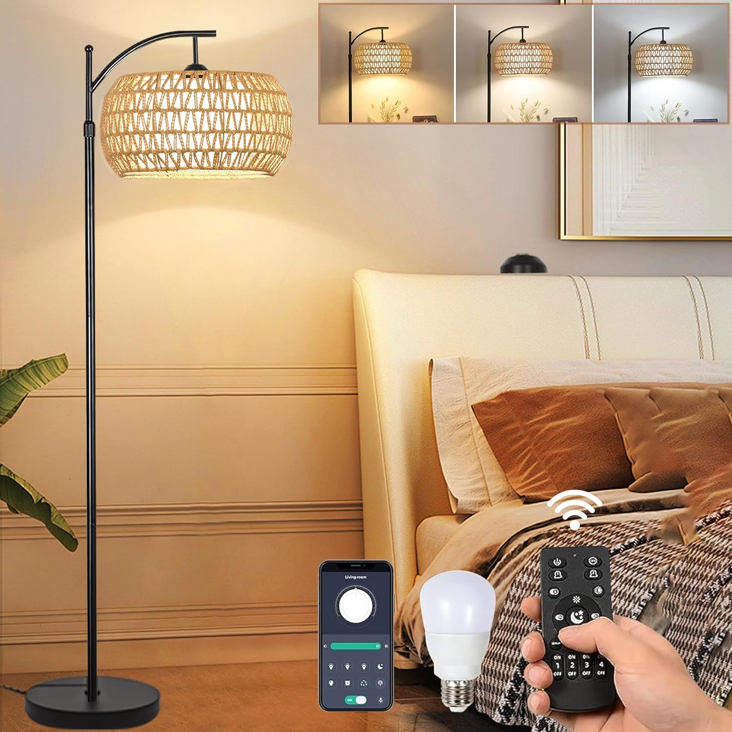 Arc Rattan Floor Lamp with Remote & Dimmable Bulb for Home