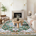Boho Vintage Area Rug 8x10 Green - Machine Washable Low Pile