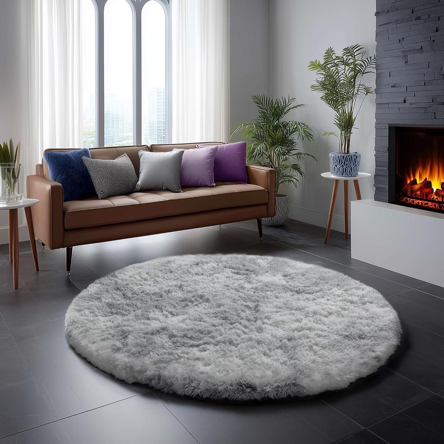 Soft Fluffy Tie-Dye Light Grey Round Circle Area Rug 5Ft