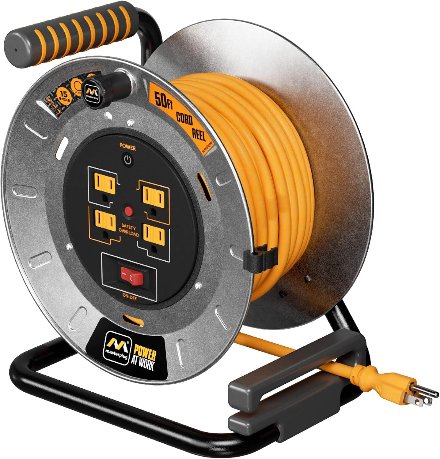 50ft Metal Cord Reel with Safety Overload Circuit Breaker