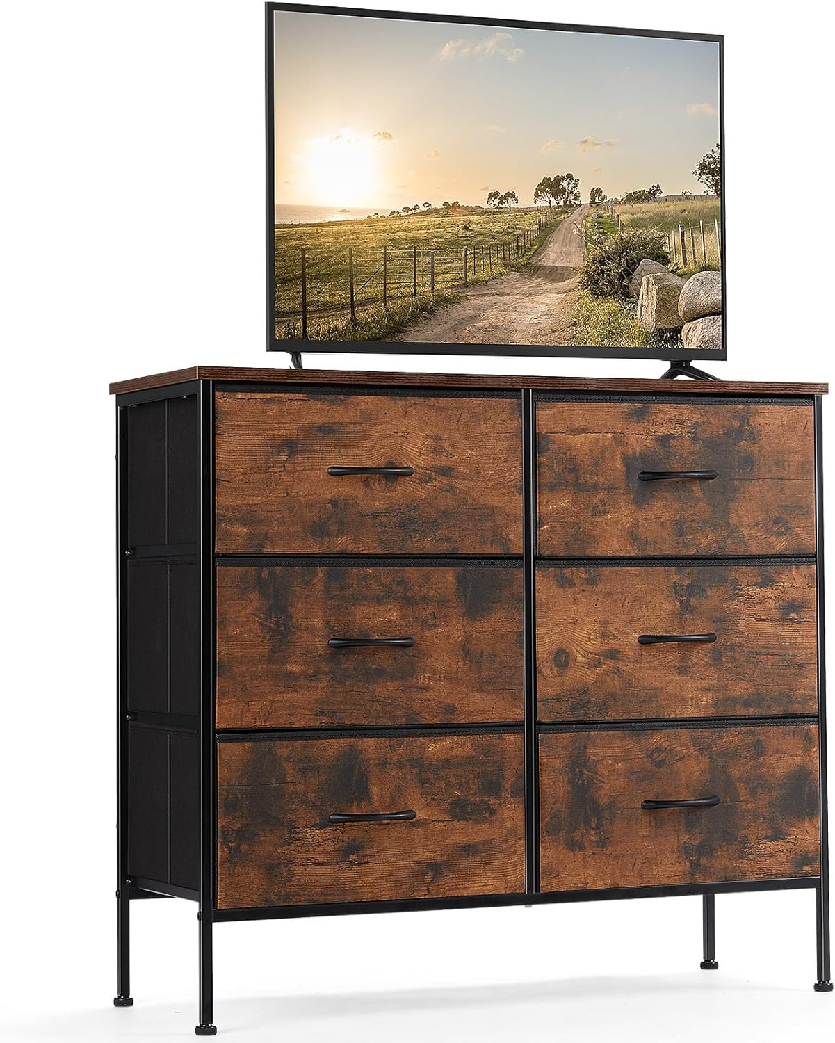 DUMOS TV Stand with 6 Fabric Drawers for Organized Storage