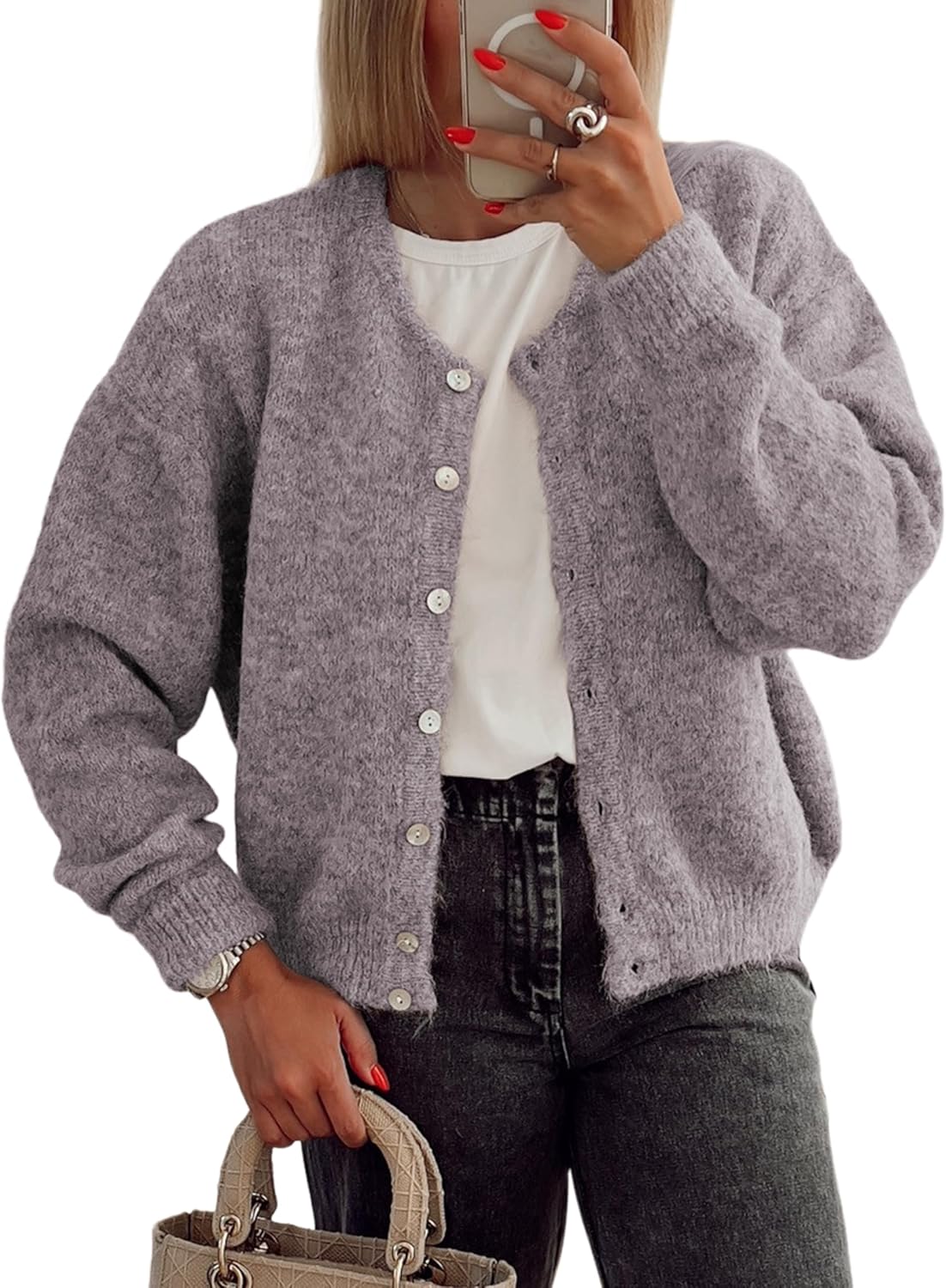Women's Long Sleeve Front Button Cardigan Sweaters for Fall