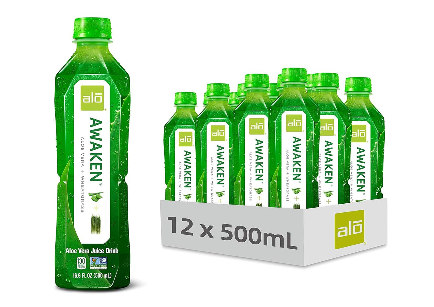AWAKEN Aloe Wheatgrass Juice | Real Aloe Vera Pulp | 16.9oz x12 Pack