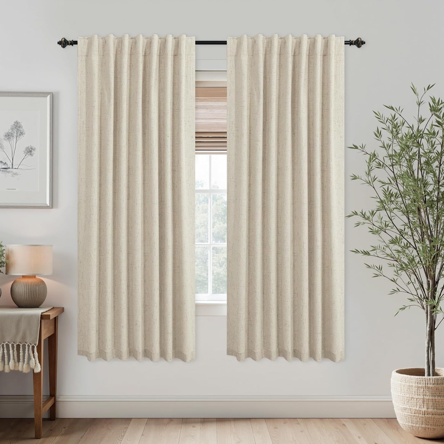 KOUFALL Light Tan Back Tab Linen Blackout Curtains for Home