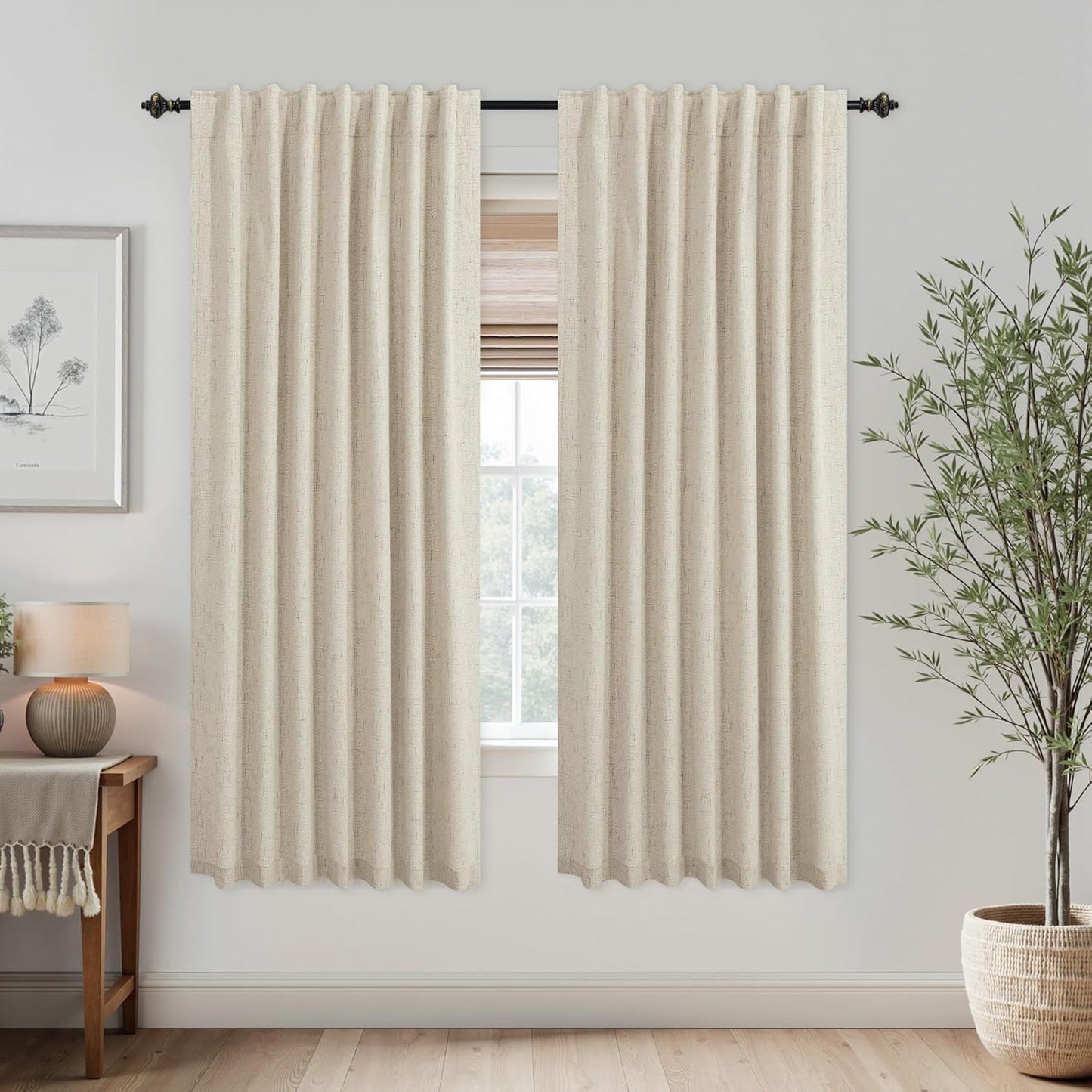 KOUFALL 52x72 Inches Long Light Tan Back Tab Linen Blackout Curtains