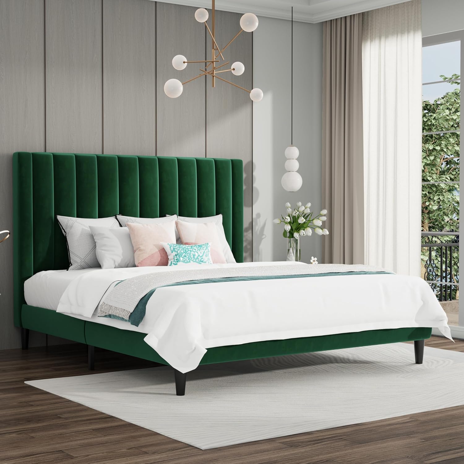 SHA CERLIN King Bed Frame with Velvet Upholstered Design