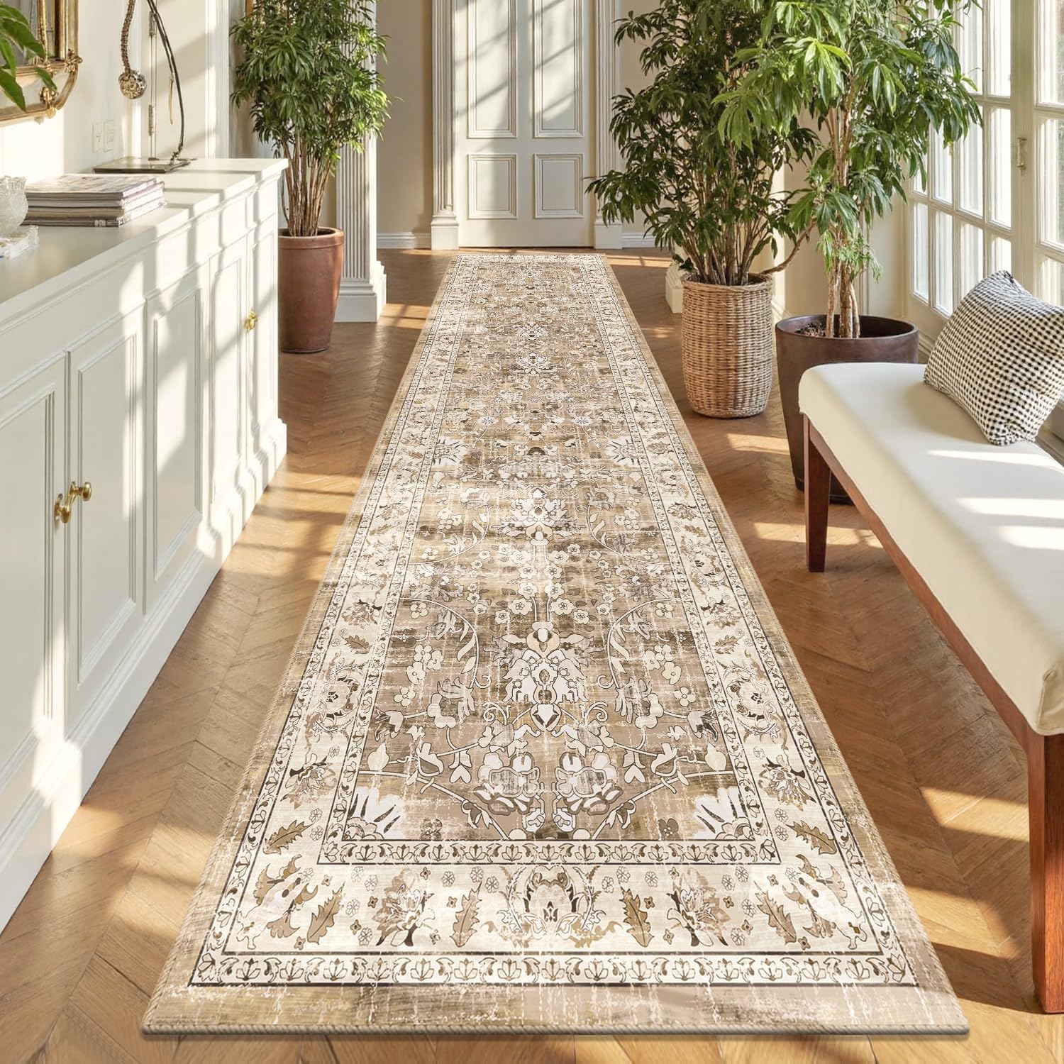 LOKHOM Washable Runner Rug: Vintage Boho Floral Design