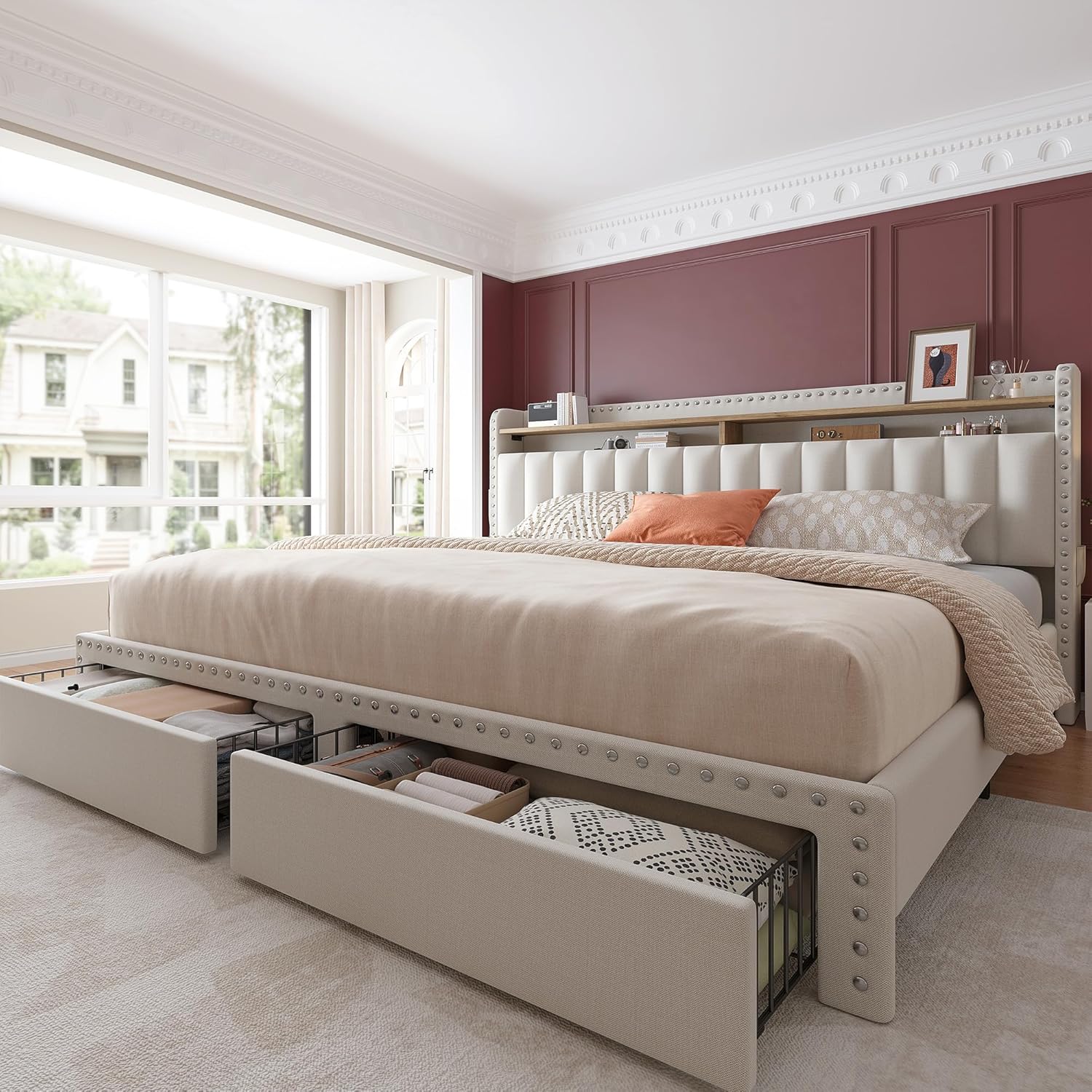 EnHomee King Size Bed Frame with Storage and Upholstered Headboard