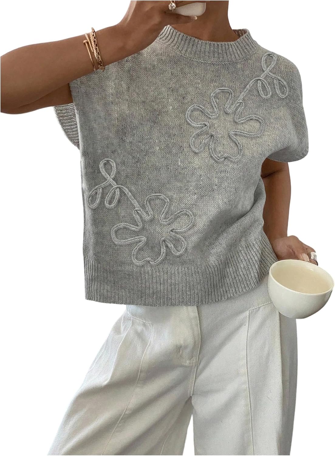 SOLY HUX Women's Ribbed Sweater with Floral Knit Design