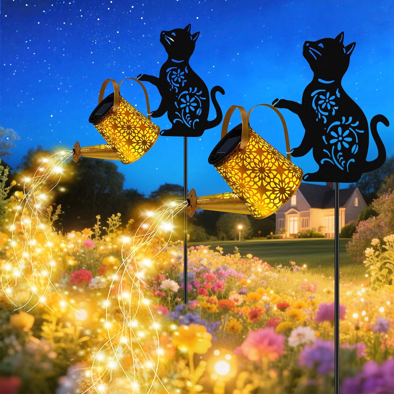 Solar Lights Outdoor - Black Cat Watering Can Lanterns
