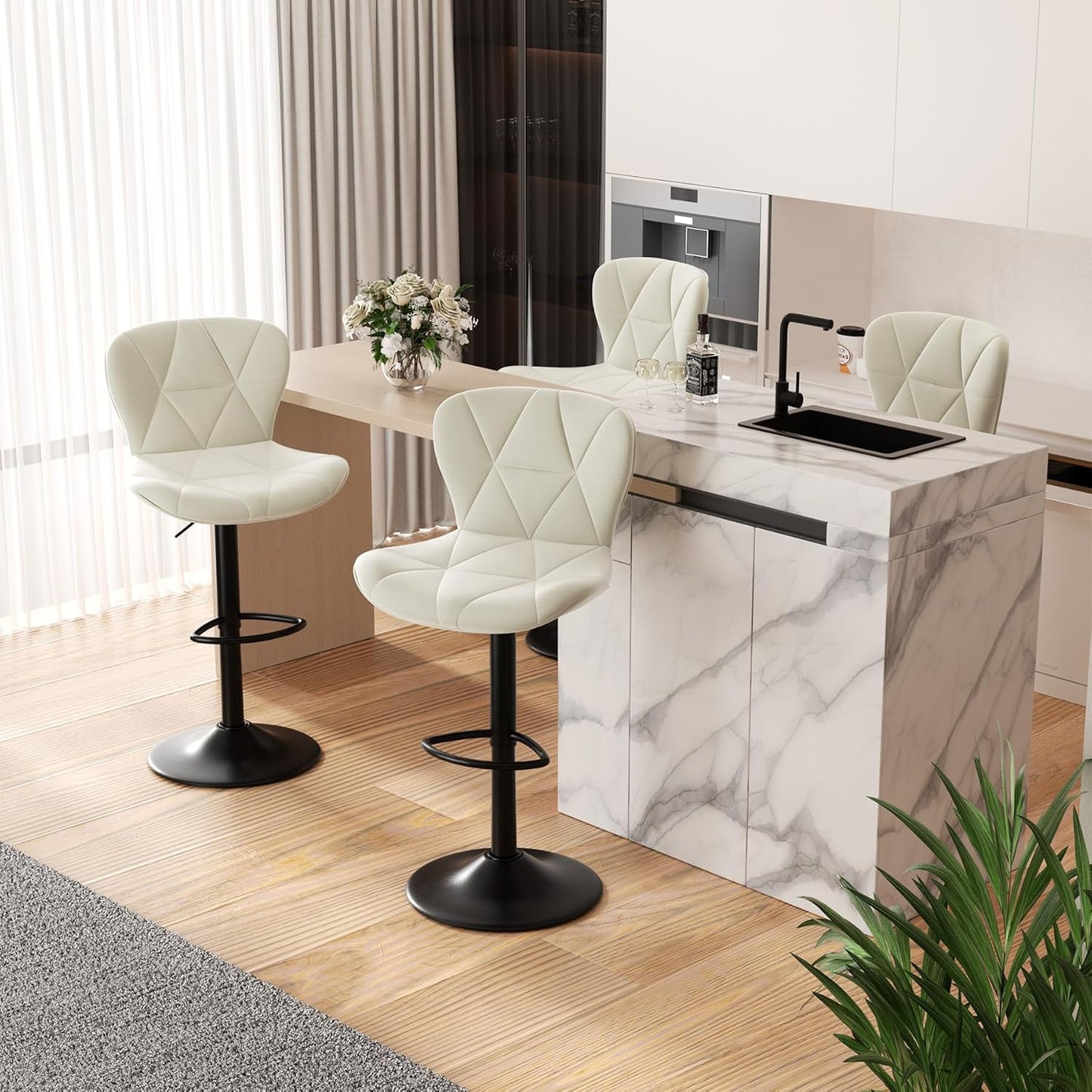 Modern Adjustable Faux Leather Bar Stools Set of 4 for Kitchen