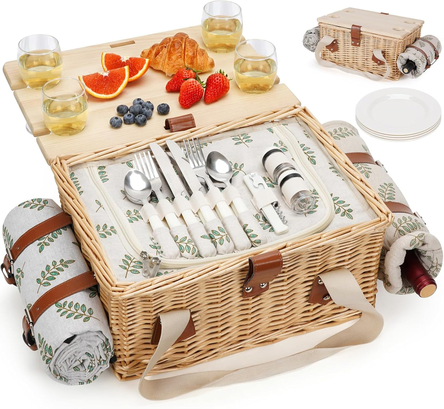 Handmade Wicker Picnic Basket Set for 4 with Table & Blanket
