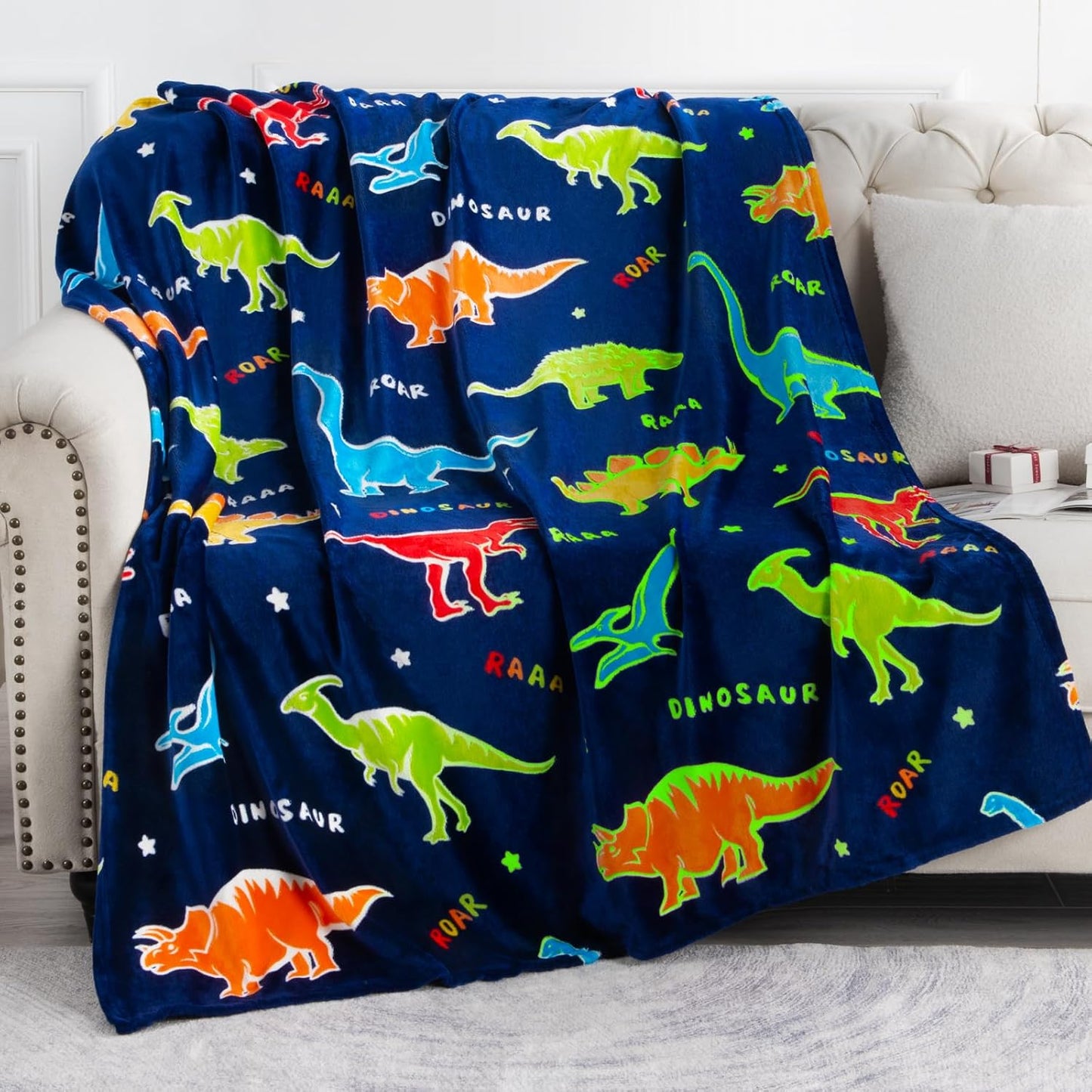 Glow in The Dark Dino Blanket - Perfect Gift for Kids! Age 1-10. Soft Throw 50x60!