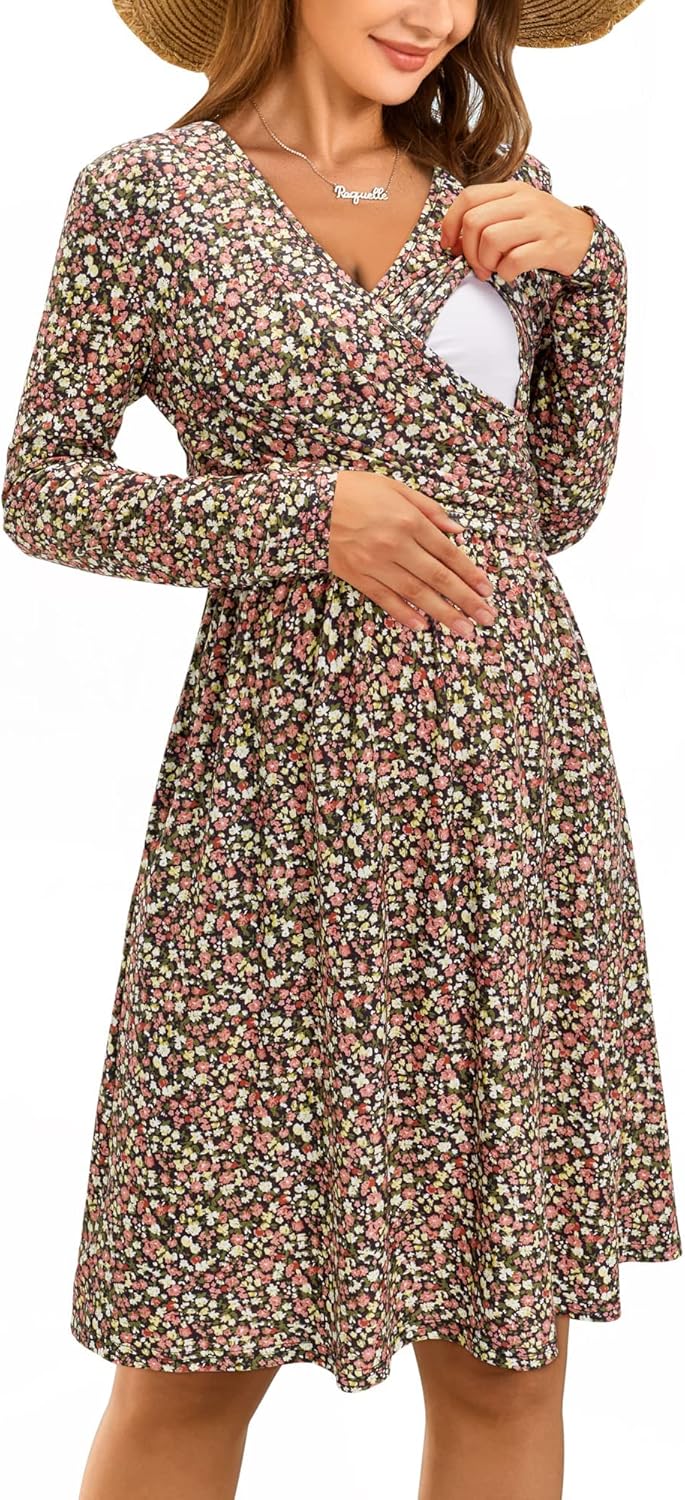 OUGES Womens V-Neck Maternity Dress for Nursing and Baby Showers