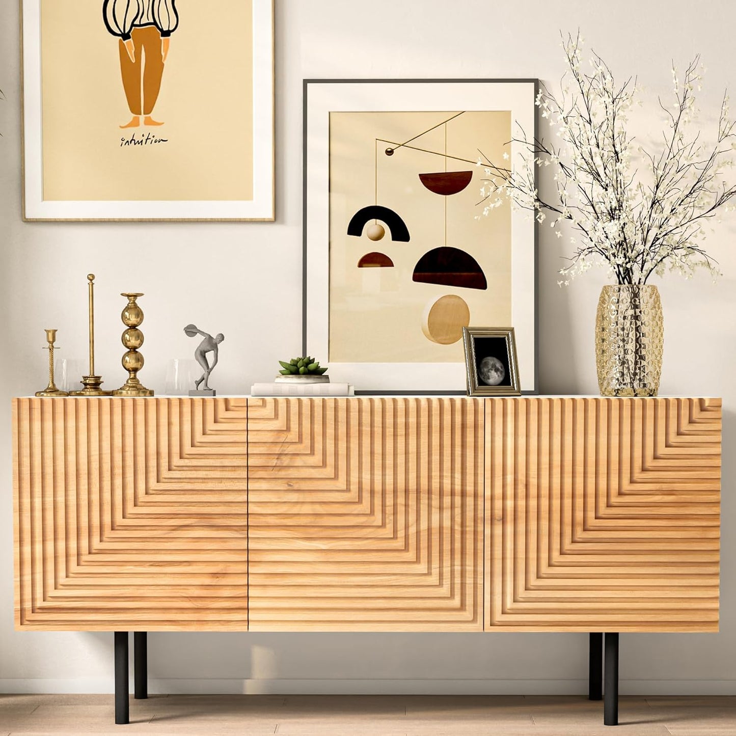 Mid Century Modern TV Stand, Poplar Wood, Boho Design